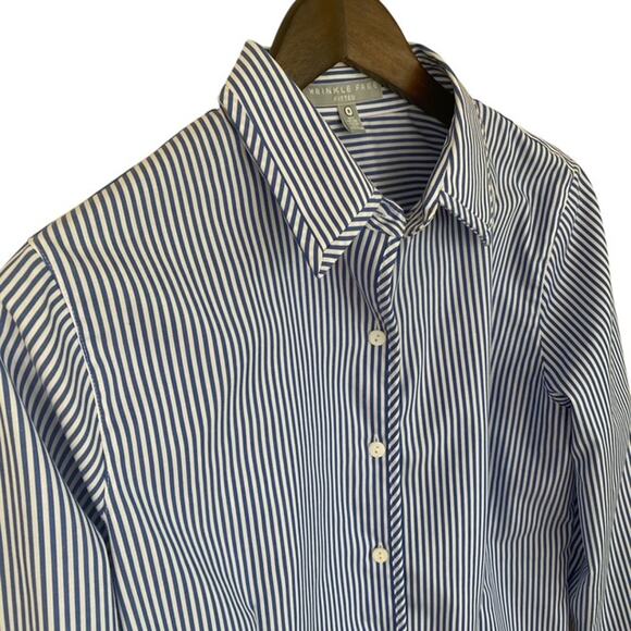 Foxcroft Blue and White Striped Wrinkle Free Button Up Shirt - Size 8 - Picture 2 of 4